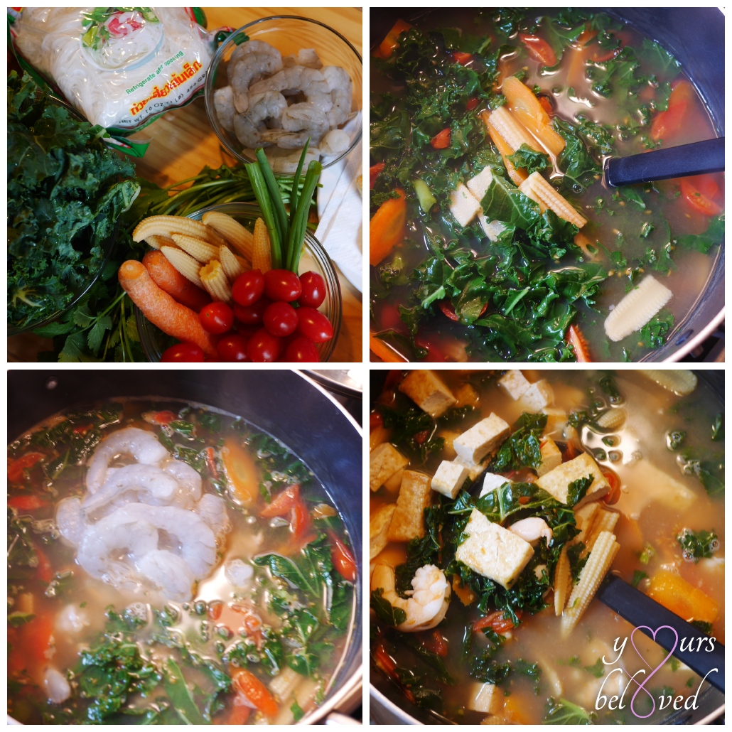 Tom Yum Soup with Kale, Carrots, Tomatoes, Baby Corn, Shrimp, and Tofu